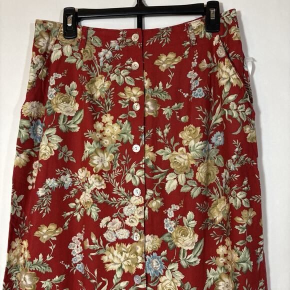 Vintage Cherry Red Skirt Floral Maxi Button Front Orvis Linen Blend NEW 12 USA - Picture 2 of 12